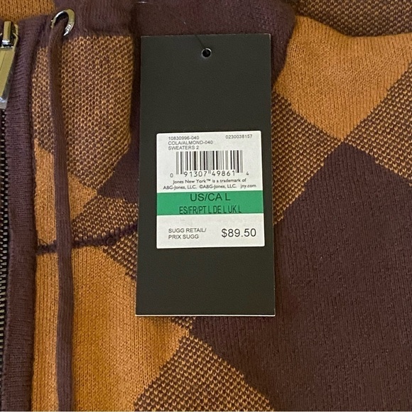Jones New York New Size L Brown Buffalo Plaid Oversize Front Zip Sweater Jacket - Picture 4 of 6